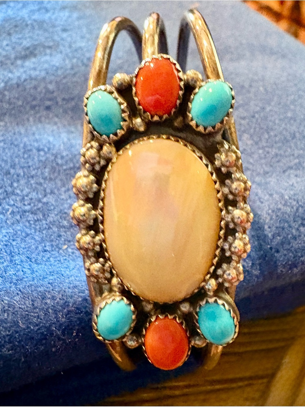 Sterling Native American style Cuff Bracelet with Turquoise & Coral Accents